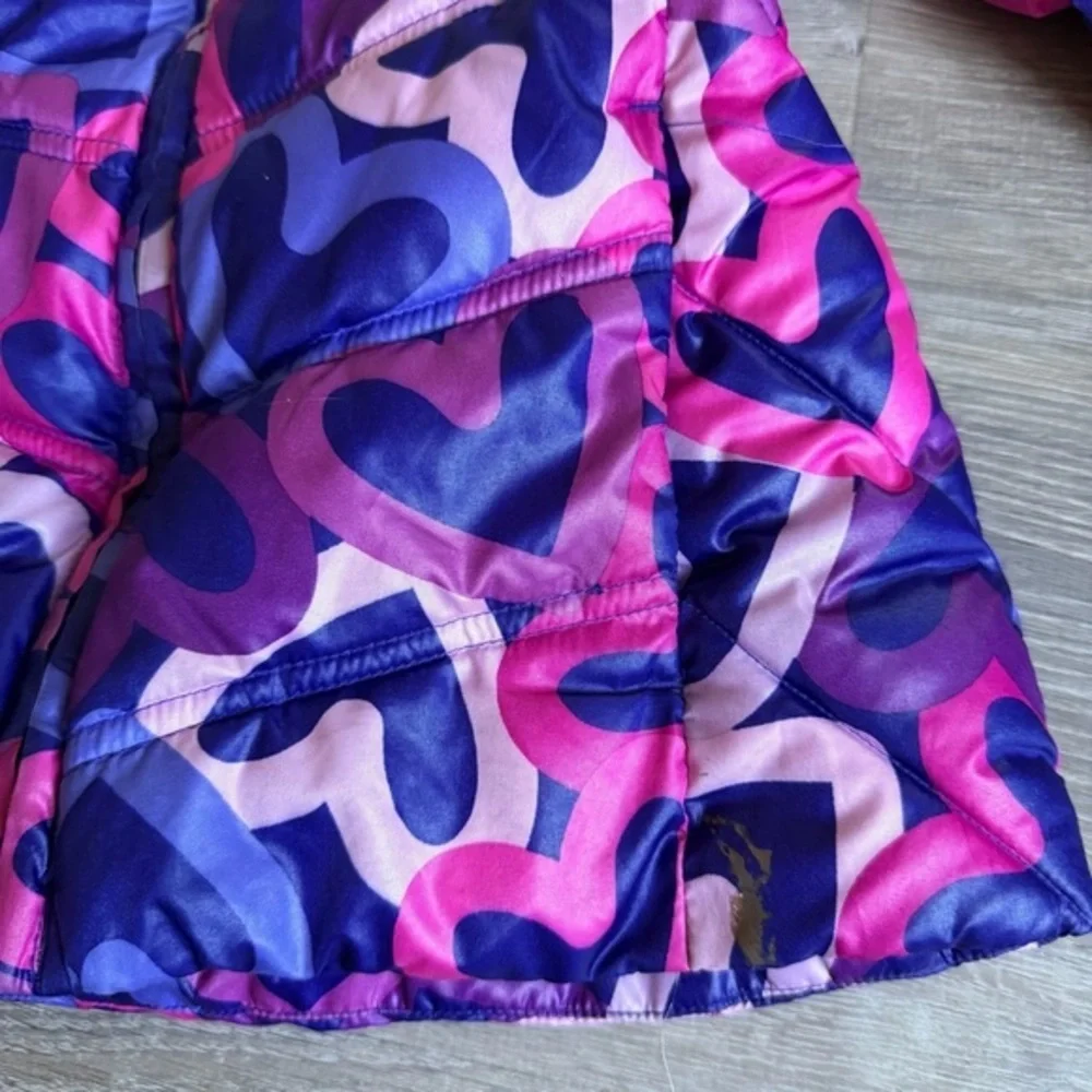 Girls Heart Print Puffer Jacket Purple Pink XS 4/5 Hooded